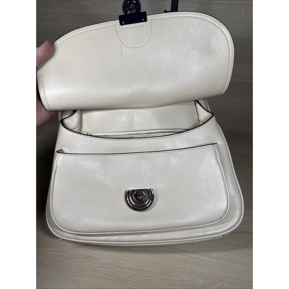 Tory Burch Cream Smooth Leather James Saddle Bag Silver Hardware‎ Adjustable